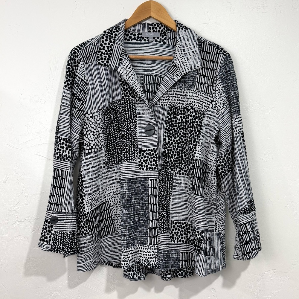 Habitat Stripe Dot Button up Shirt Size Small Black White Lagenlook Boxy Artsy